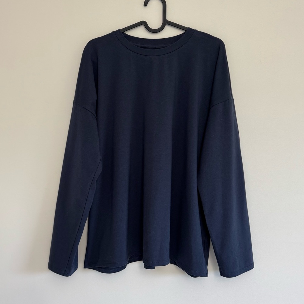 Eileen Fisher Navy Organic Cotton Stretch Jersey High Crewneck Box Top